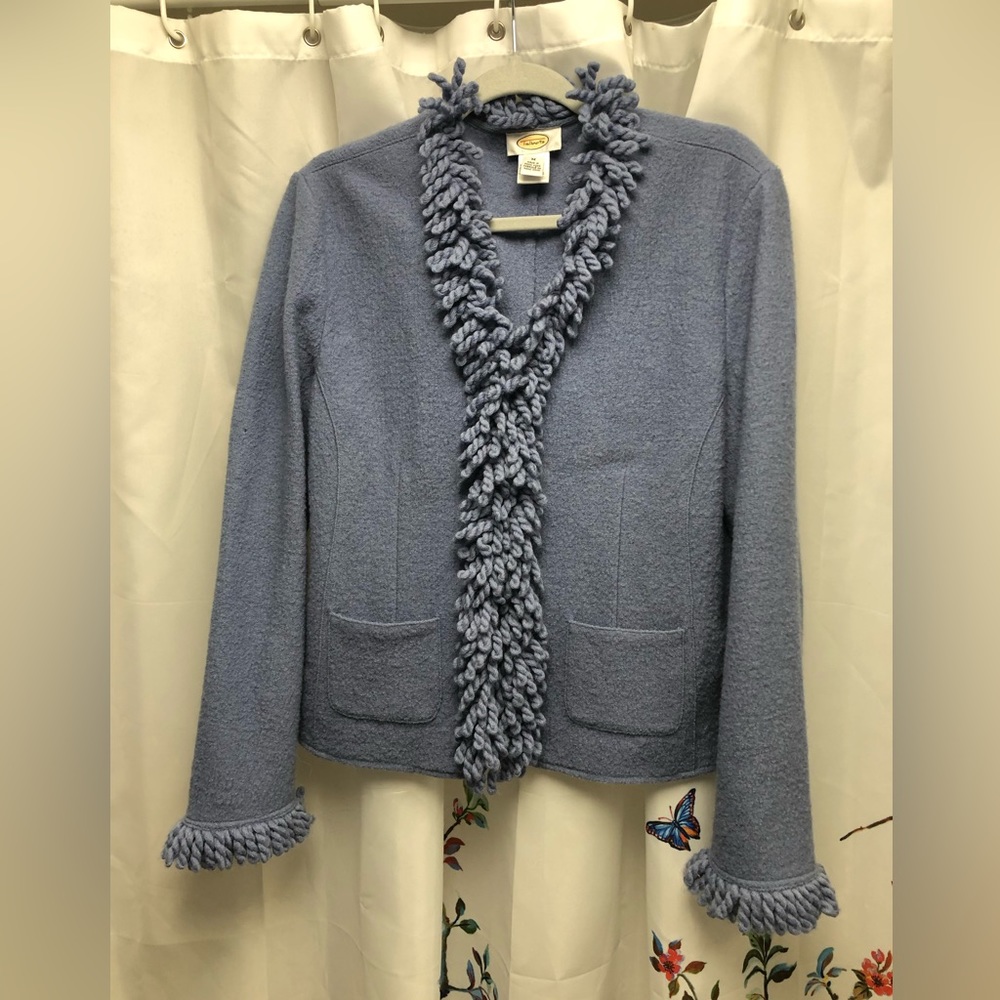 Talbots women’s boiled wool sweater jacket in Denim Blue.  Size M